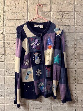 B.P. Design Womens M Christmas Patchwork Zip Up Cardigan Snowman Sweater
